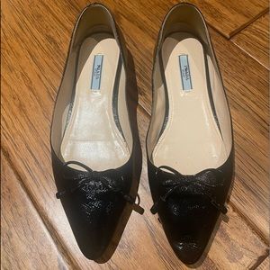Prada Saffiano Bow Logo Pointed Ballet Flats